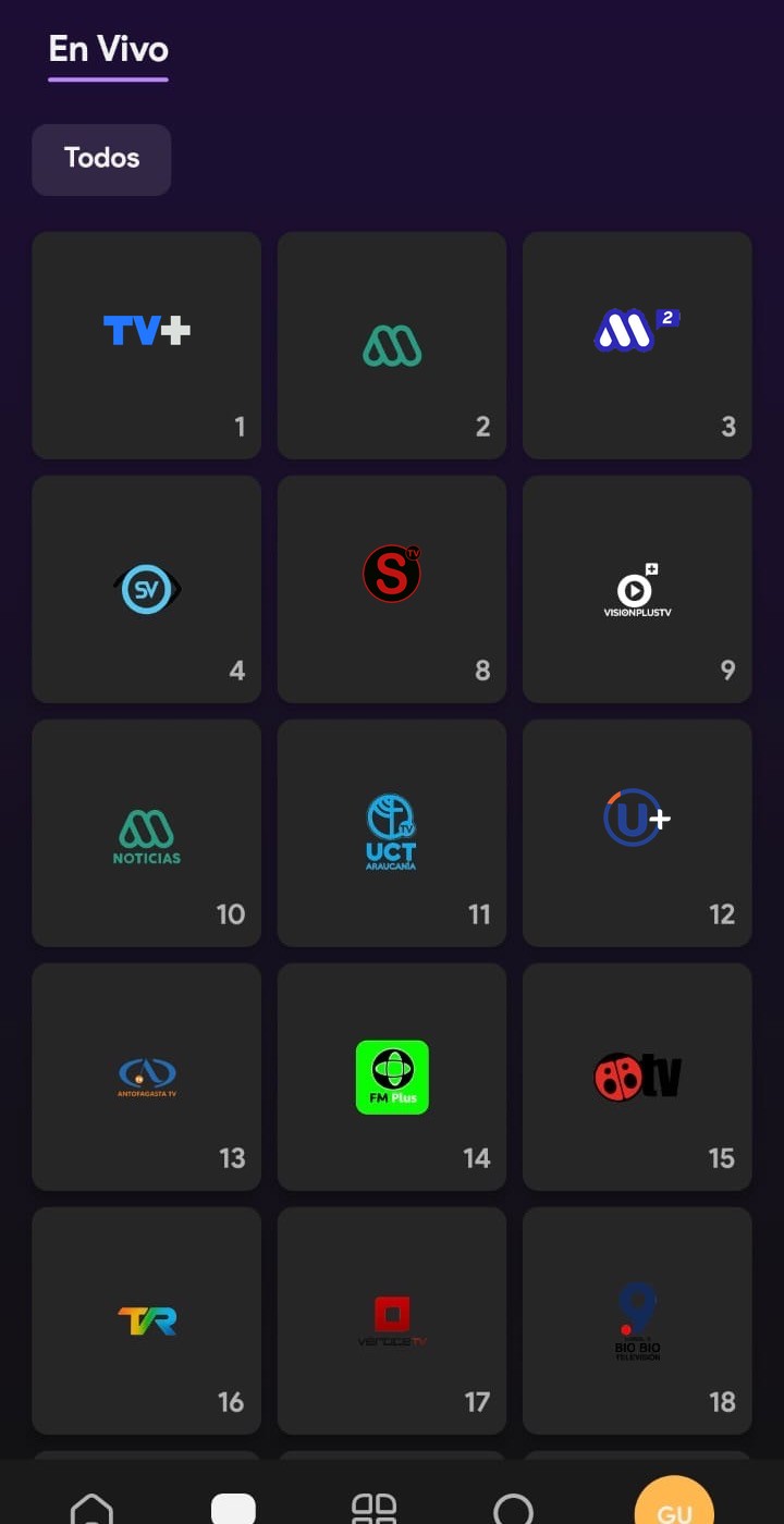 Grilla de canales en vivo de la app MirameTV